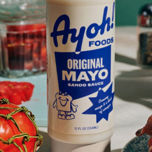 white and blue mayo bottle
